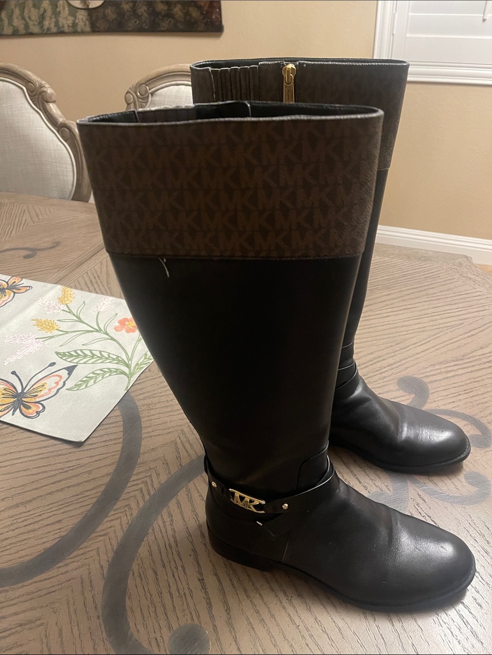 Michael Kors Black & Brown Logo Trim Riding Boots